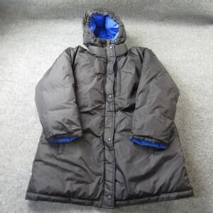 Lands End Goose Down Jacket Women Large 14-16 Blue Black Hooded Reversible Parka